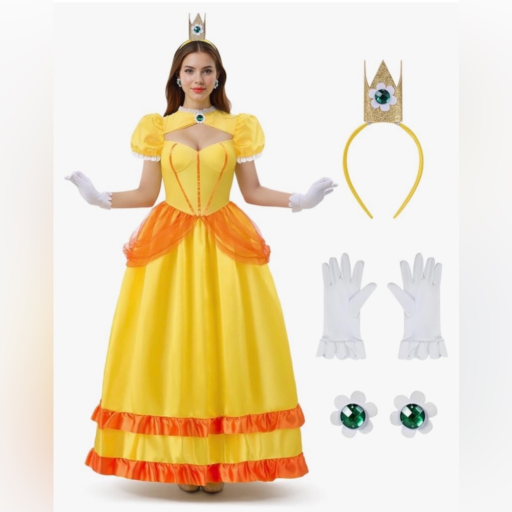 Yellow Princess Ball Gown Costume with Crown and Gloves